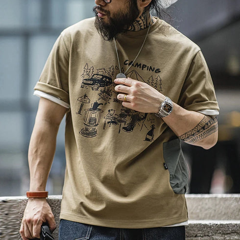 Outdoor Camp Print T-Shirt – Men’s Summer Tee with Waterproof Pocket